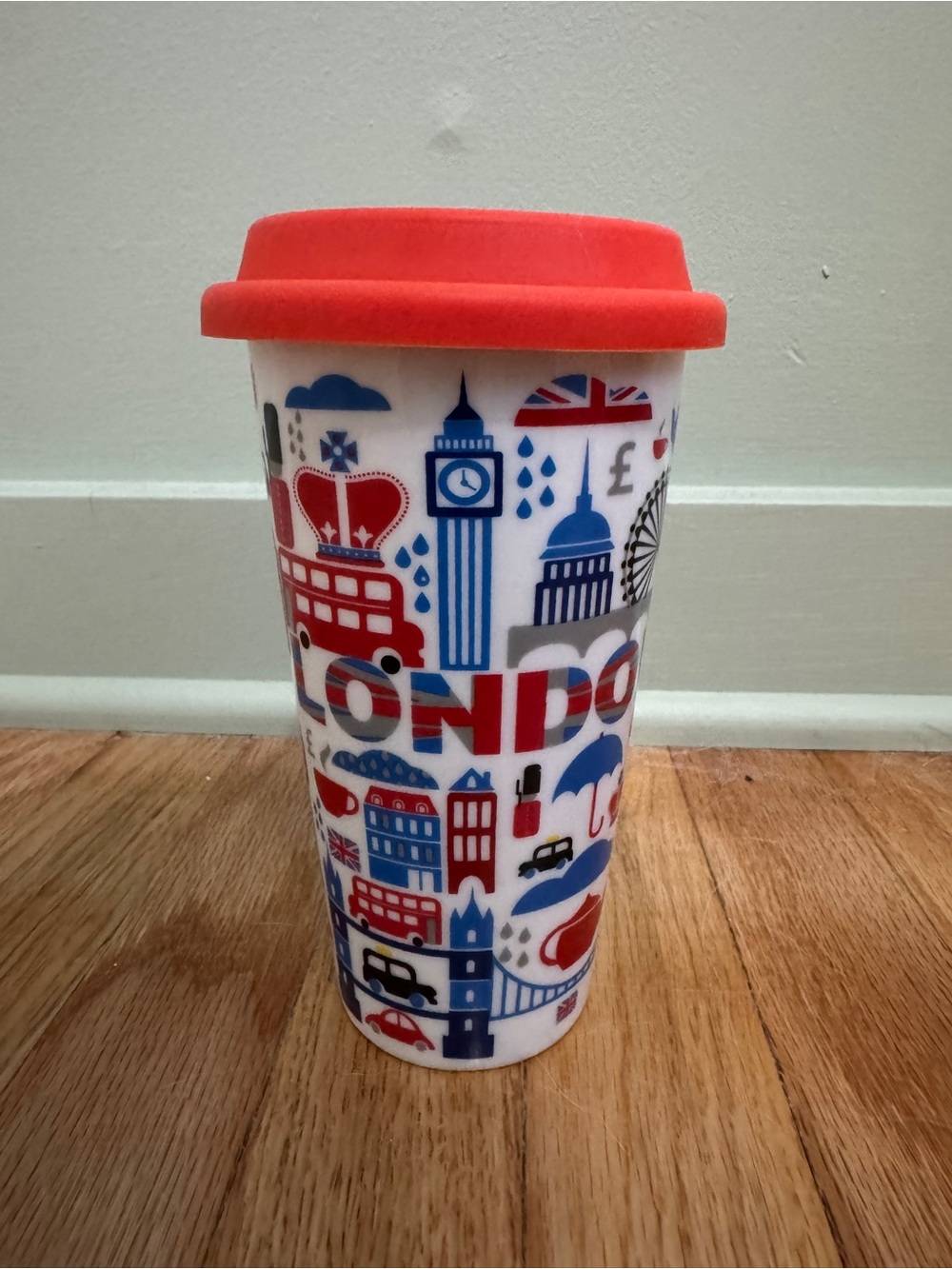 London-Themed Reusable Travel Mug with Red Lid